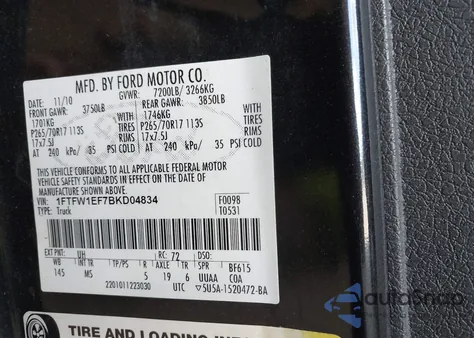 2011 Ford F-150 Xlt from USA, damaged, VIN 1FTFW1EF7BKD04834